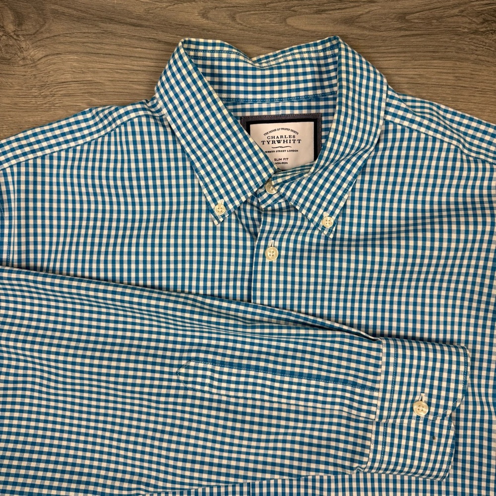 Charles Tyrwhitt Slim Fit Non Iron Button Up Shirt 17.5/36 Blue/White Gingham